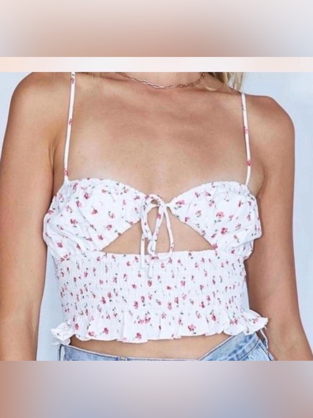 Princess Polly Floral Tie-Front Smocked Crop Top - White with Pink Flowers